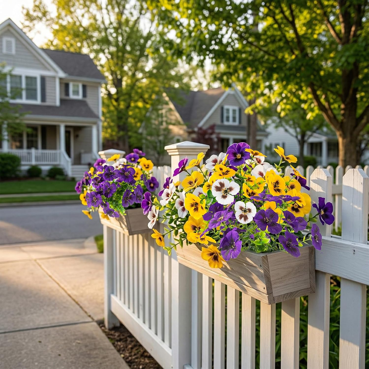 Rowfad 18 Pcs Artificial Fake Pansy Flowers for Outdoor, Faux Silk Pansies Spring Flowers for Outside for Planter Front Door Porch Yard Patio Window Box Home Decor (18, Purple, Yellow, White)