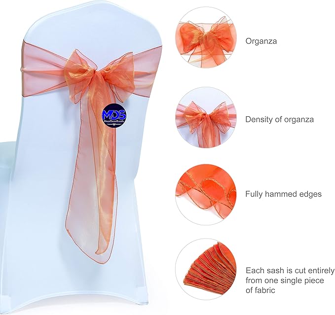 MDS Pack of 200 PCS Organza Chair Sashes Wider Dining Chair Bows Ribbon Tie Back for Wedding Party Birthday Bridal Shower Reception Event Banquet Home Chair Cover Decoration - Brunt Orange