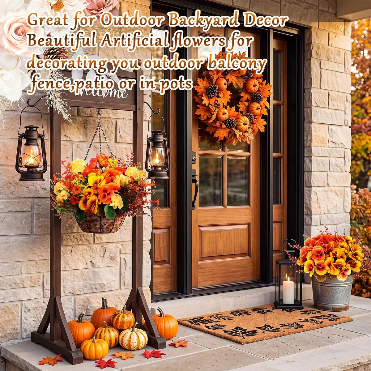 thiccywoov 40 bundles fall artificial flowers for outdoor showing dimensions