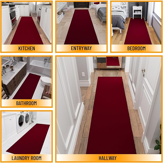 Sweet Home Stores SH Non-Slip Solid Rubberback Indoor Runner Rug for Kitchen, Hallways, Bathroom, Entrance, Bedroom, 2'7" x 12', Red