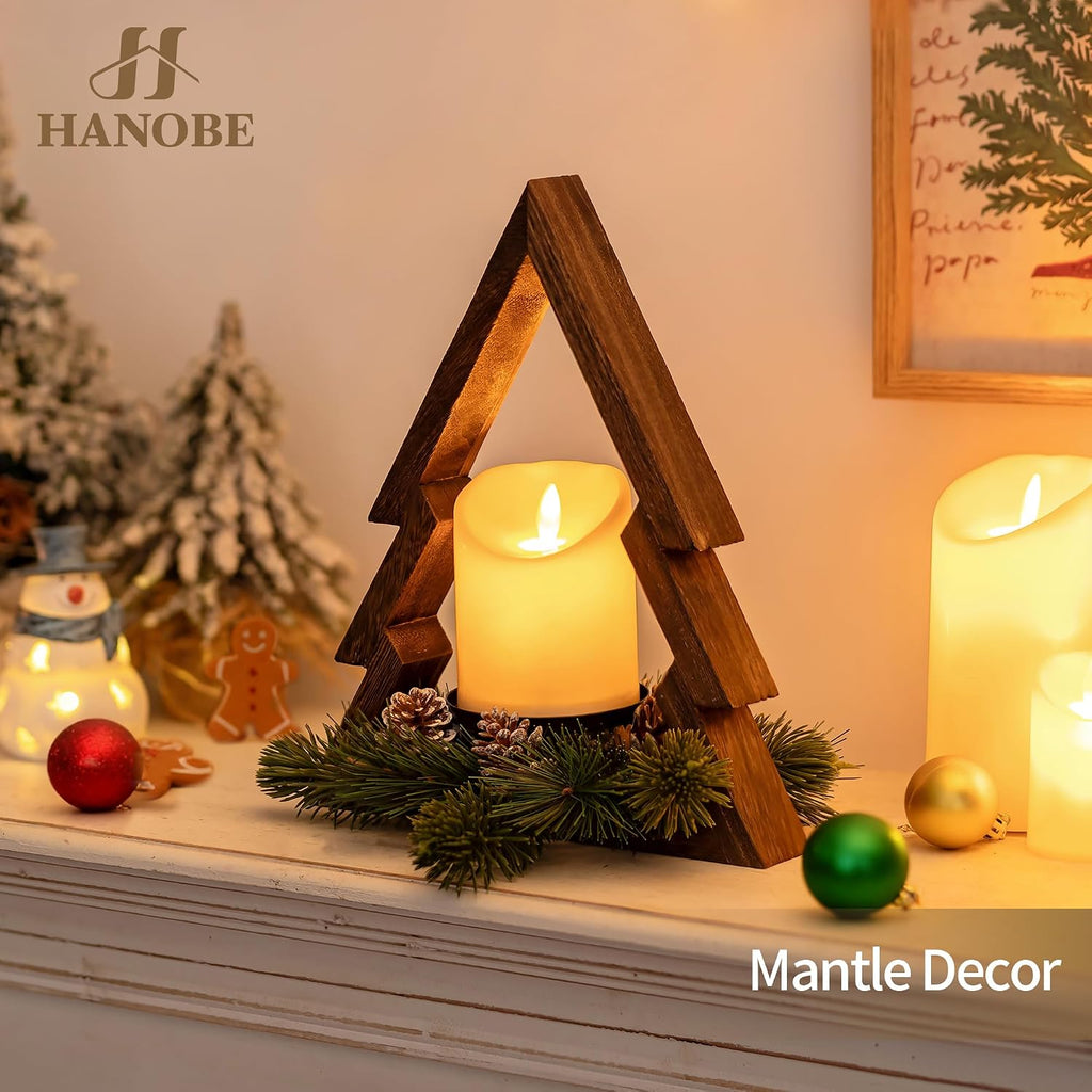 Hanobe Farmhouse Christmas Table Decorations: Rustic Wood Christmas Centerpiece Tree with Pine Ring & Remote Timer LED Candle for Home Shelf Mantel Office Decor