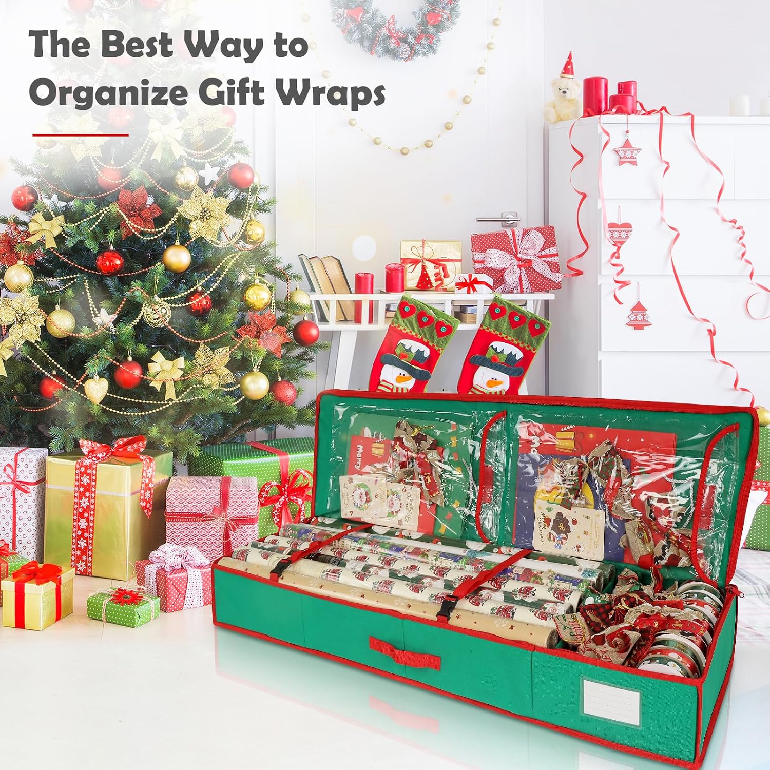 Christmas Wrapping Paper Organizer Storage Bag Containers Interior Pockets 41" Fits Up to 27 Rolls 3/8” Diam, Green