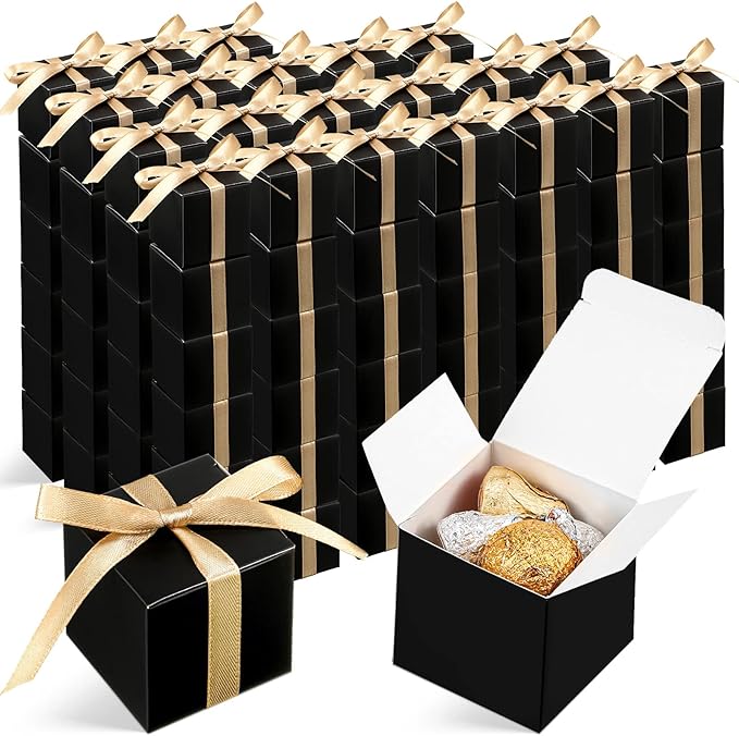 Jutom 100 Pcs Mini Favor Boxes Extra Small Candy Boxes Paper with Gold Ribbon for Christmas Thanksgiving Day Birthday Wedding Anniversary Supplies(2 x 2 x 2 Inch,Black)