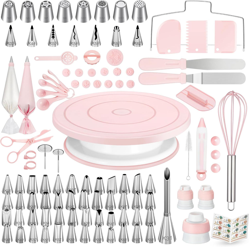 Kootek 158PCs Cake Decorating Kit, Baking Supplies Tools - Includes Cake Stand Turntable, 64 Icing Piping Tips Set, 2 Frosting Spatulas, 3 Scrapers, 50+2 Pastry Bags, Coupler, Video Tutorial, Booklet