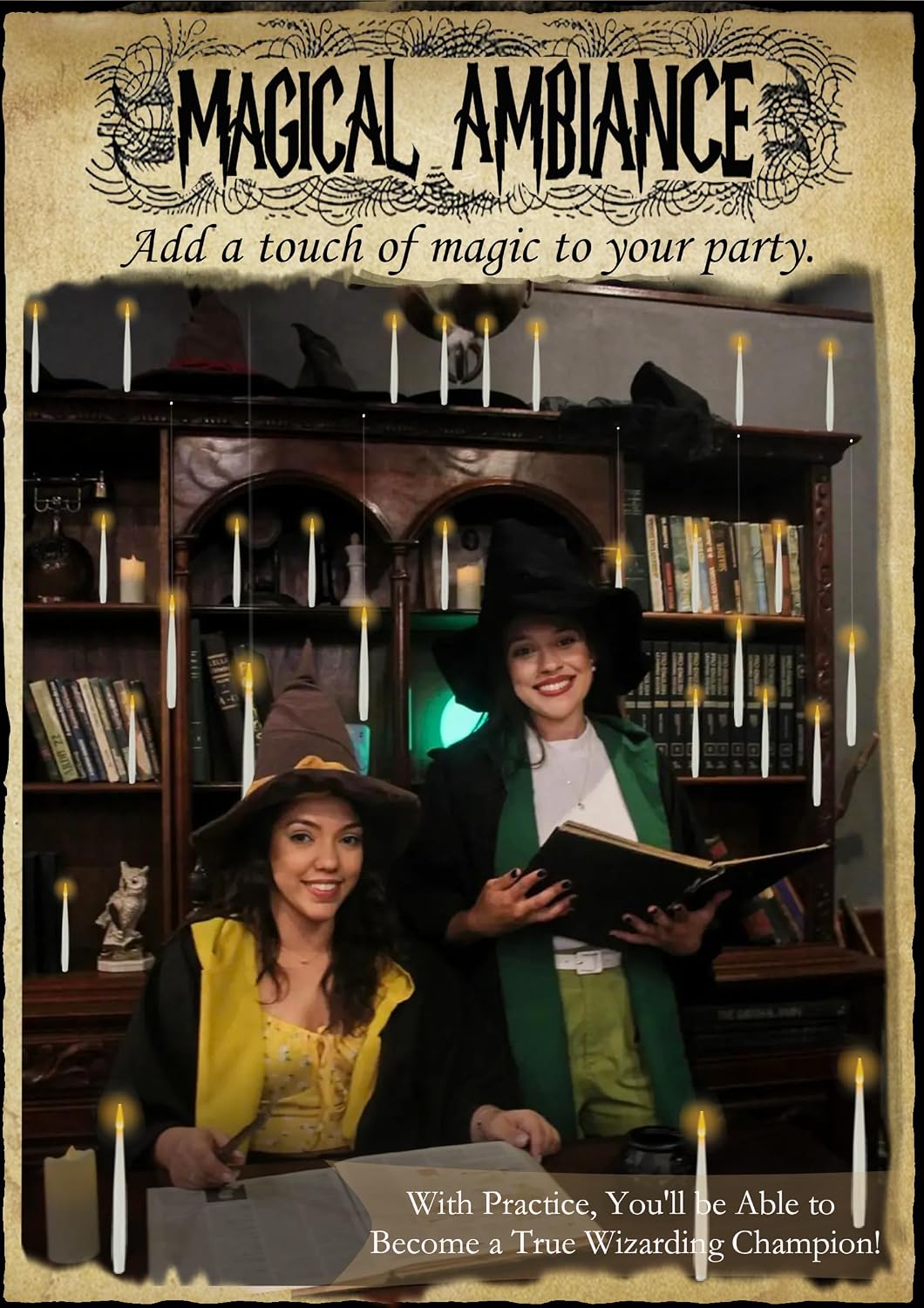 halloween decoration floating candle with wand magic led on a desk or shelf