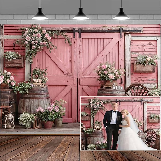5x3ft Country Wedding Pink Photography Backdrop Rustic Wooden Barn Door Photography Backdrop Farmhouse Flower Western Girl Birthday Baby Shower Wedding Bridal Party Banner Photo Booth Props Background