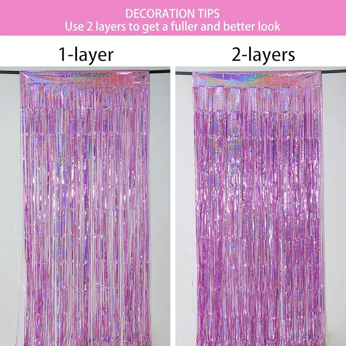 Melsan 3 Pack 3.2 x 8.2 ft Sparkling Pinkish Purple Tinsel Fringe Curtain Backdrop Glitter Decor for Birthdays, Bachelorette, Weddings, Photo Booth | Reusable Princess & Y2K Party Backdrop