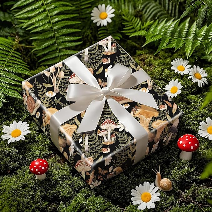 RUSPEPA Forest Mushroom Wrapping Paper Roll, Mini Roll, Woodland Squirrel and Snail Design, Black Nature Gift Wrap for Fall, Birthday, Thanksgiving Party, 17 Inches x 16.4 Feet