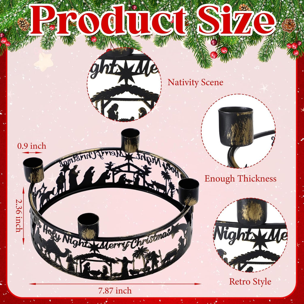 Blulu Advent Wreath Candle Holder Nativity Scene Ring Candle Holder Metal Jesus Nativity Set Christmas Centerpiece for Candlestick Rustic Advent Christmas Home Decorations Xmas Signs (Holy Night)