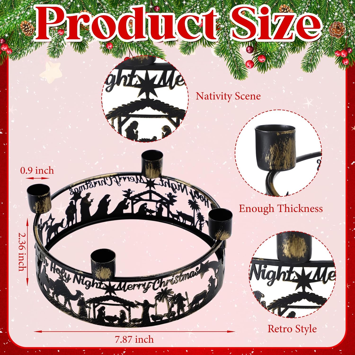 Blulu Advent Wreath Candle Holder Nativity Scene Ring Candle Holder Metal Jesus Nativity Set Christmas Centerpiece for Candlestick Rustic Advent Christmas Home Decorations Xmas Signs (Holy Night)