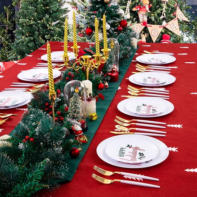 Supernal 150pcs Easter Plastic Dinnerware with Plastic Plates,White and Gold Silverware, Easter Disposable Party Plates with "Happy Holiday" Design for Festival Gatherings