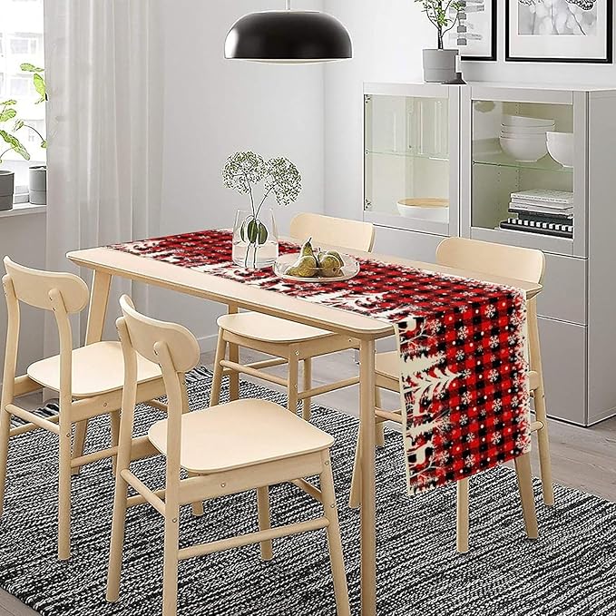 Christmas Table Runner,Red Black Plaid Xmas Snowflakes Deer Trees Print Tablecloth Burlap for Hotel Indoors Outdoor Dining Room Kitchen Home Decor,W13X L70 in