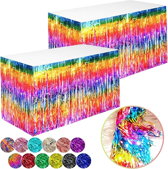 Rainbow Streamers Party Decorations, 2 Packs Gradient Rainbow Table Skirts Metallic Foil Fringe Tinsel for Birthday Unicorn Pride Gay Fiesta Graduation Float Parade Party Supplies - 29x108 Inch