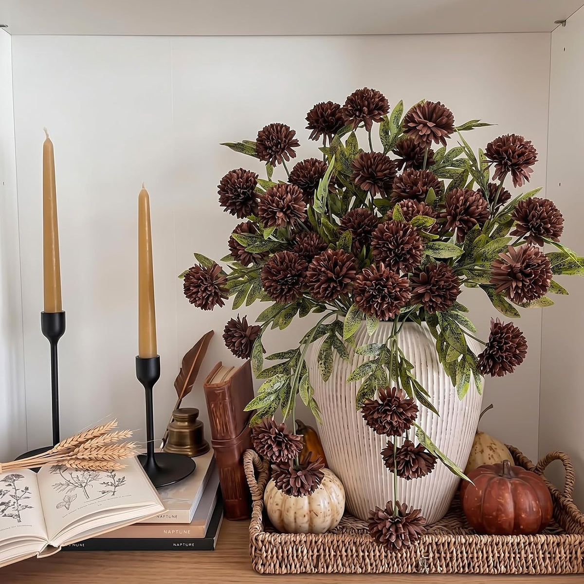 Knitgrip 8 Pcs Faux Silk Pom Pom Mum Artificial Flowers, Chocolate