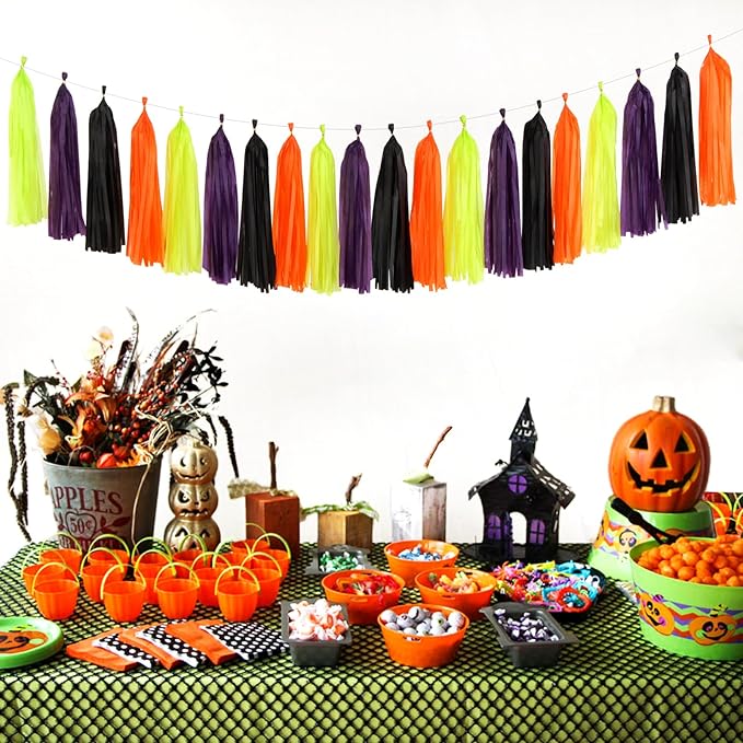 Black-Purple Green-Orange Halloween Tassel-Garland - 20pcs Birthday Party-Decorations Supplies Tassels, Wedding Baby Bridal Shower Decor Panduola