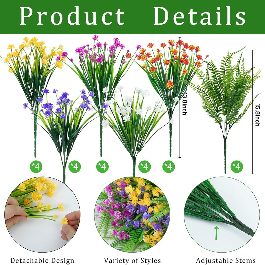 Ouddy Decor 24 Bundles Artificial Flowers for Outdoors UV Resistant Fake Plastic Plants Faux Boston Fern Greenery Stems for Spring Summer Indoor Garden Patio Window Box Kitchen Home Decor, Mixedcolor