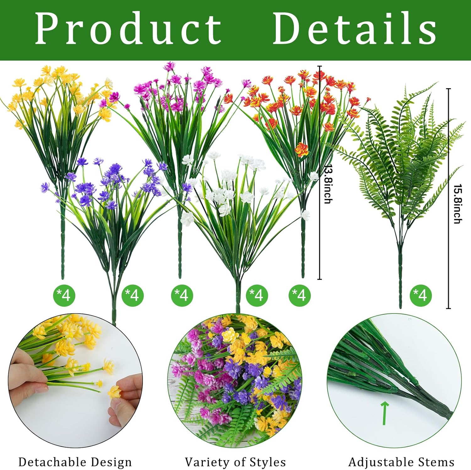 Ouddy Decor 24 Bundles Artificial Flowers for Outdoors UV Resistant Fake Plastic Plants Faux Boston Fern Greenery Stems for Spring Summer Indoor Garden Patio Window Box Kitchen Home Decor, Mixedcolor