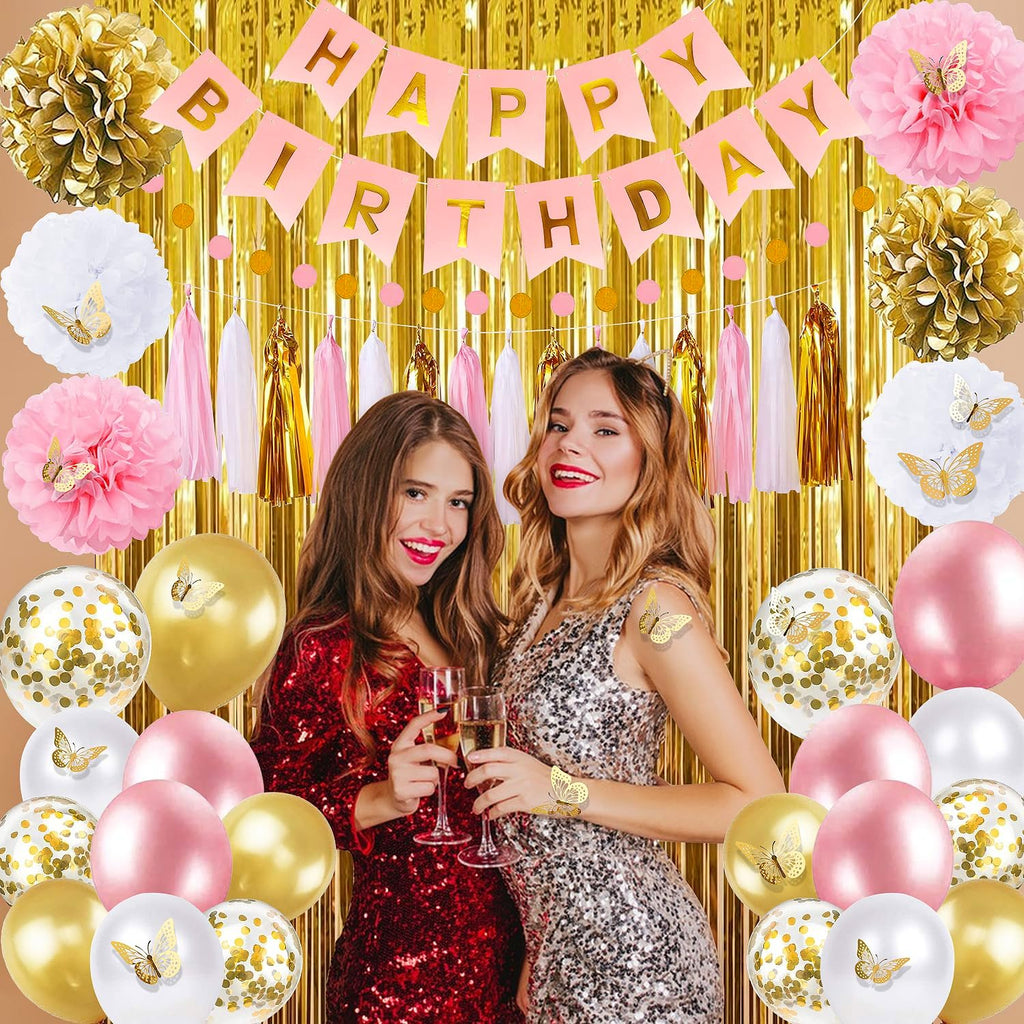Pink and Gold Birthday Party Decorations for Women with Happy Birthday Banner,Curtains, Butterfly Wall,Circle Dots Garland,Tissue Pompoms,Paper Tassels Garland for Her