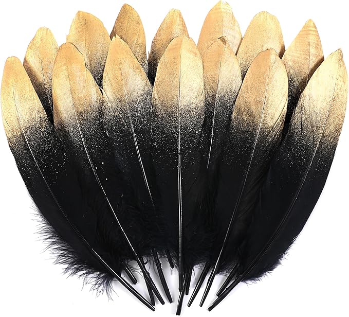 Larryhot Dipped Gold & Black Goose Feathers for Crafts - 6-8 inch 60 pcs Natural Feathers for Wedding Party Decorations,DIY Crafts and Clothing Accessories (Gold & Black)