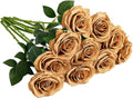 Artificial Rose 10pcs Open Flower Bouquet Faux Rose Stems for Wedding Arrangement, Bridal Bouquet, Centerpiece, Fake Faux Silk Flowers (Toffee)