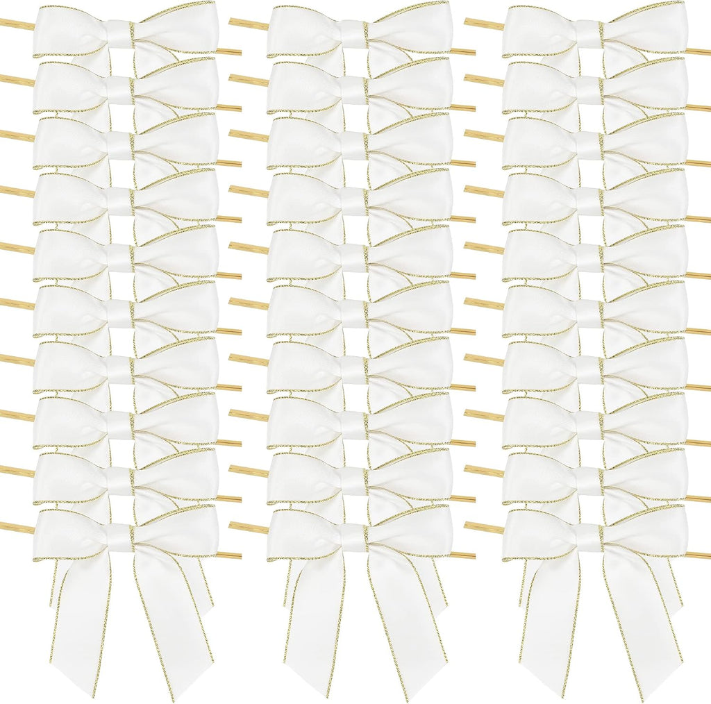 AIMUDI White Bows 3.5" Satin Twist Tie Bows Premade Ribbon Bows with Gold Edge Pretied Bows for Treat Bags, Cake Pop, Crafts, Wedding Favors, Gift Wrapping, Baby Shower, Apple Candy- 50 Counts