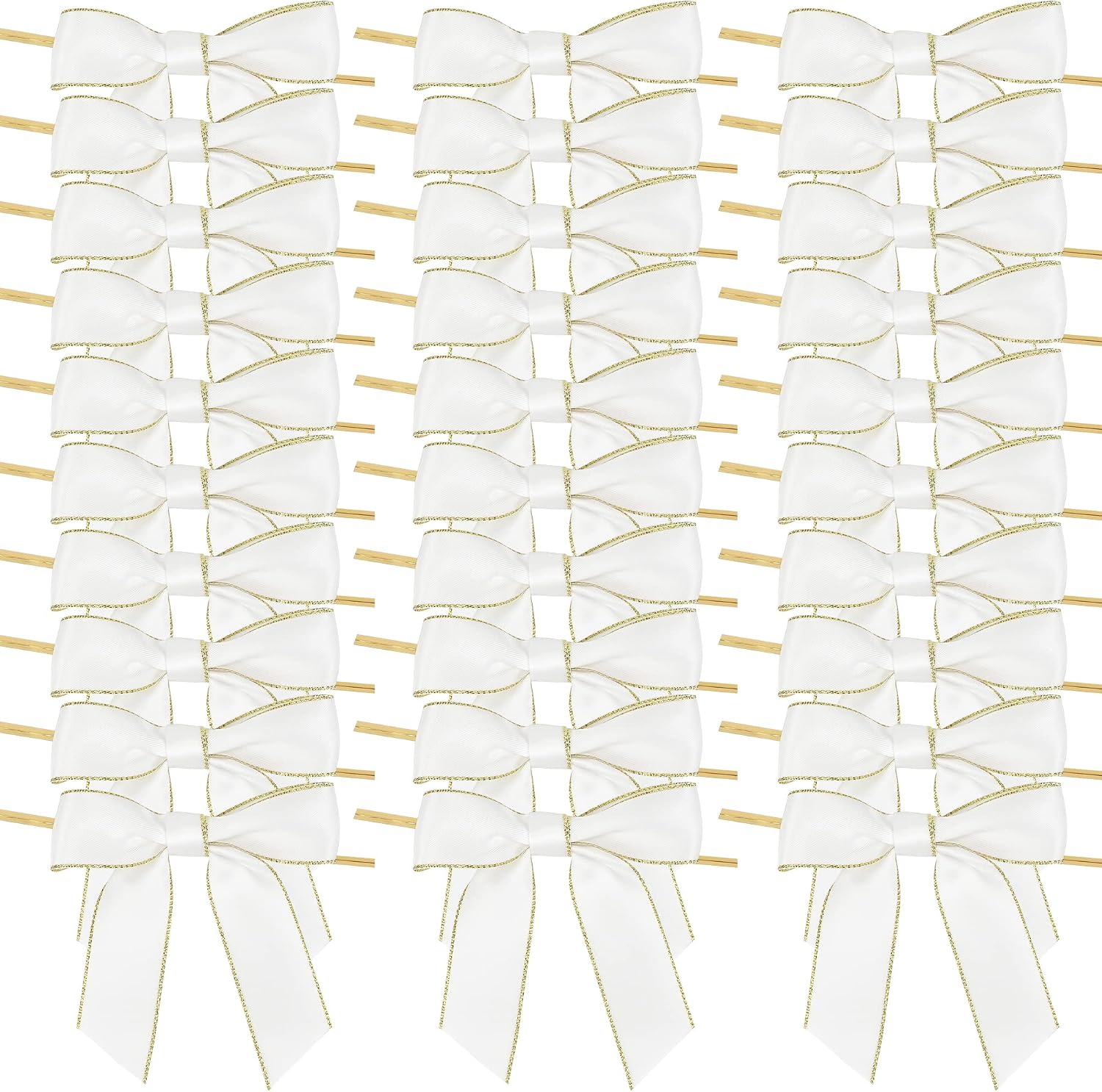 AIMUDI White Bows 3.5" Satin Twist Tie Bows Premade Ribbon Bows with Gold Edge Pretied Bows for Treat Bags, Cake Pop, Crafts, Wedding Favors, Gift Wrapping, Baby Shower, Apple Candy- 50 Counts