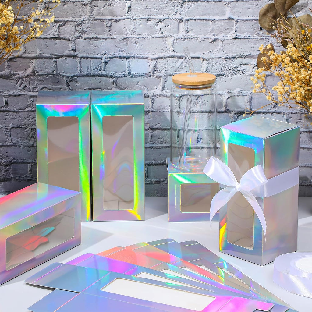 Honoson 12 Pcs Tumbler Gift Box with Ribbon for Sublimation Glass Exhibition Boxes Transparent for 12oz 16oz 20oz Drinking Cup Glasses Jars Mug Can Blanks (7.87 x 3.35 x 3.35",Laser Color)