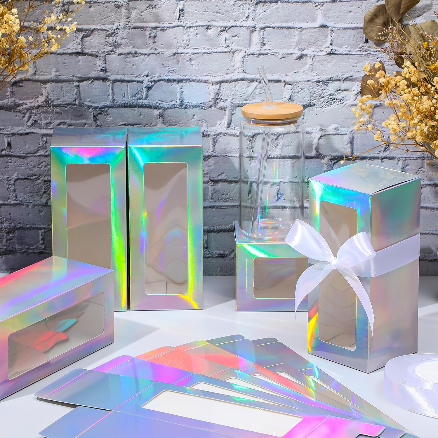 Honoson 12 Pcs Tumbler Gift Box with Ribbon for Sublimation Glass Exhibition Boxes Transparent for 12oz 16oz 20oz Drinking Cup Glasses Jars Mug Can Blanks (7.87 x 3.35 x 3.35",Laser Color)