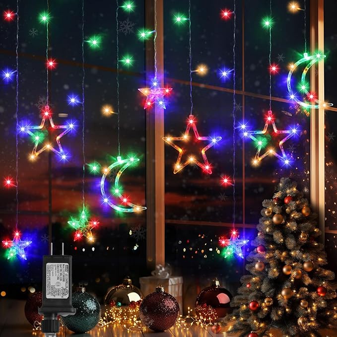 PUHONG Christmas String Lights, 138 LEDs Curtain Lights with 8 Light Modes, 11.48FT Star Moon Indoor Outdoor Fairy String for Window, Bedroom, Wall, Home, Ramadan, Christmas Decoration - Multicolored