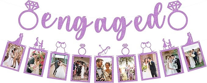 Pre-Strung Engaged Photo Banner - Purple Glitter Engagement Party Decoration Supplies with Romantic Memories Picture Card Frames for Bachelorette, Bridal Shower, Wedding Party Photo Booth Props