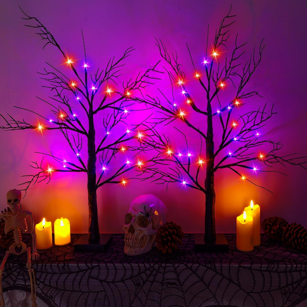 2Pack 24 Inch Halloween Spooky Tree with Lights, Lighted Tabletop Black Tree ...