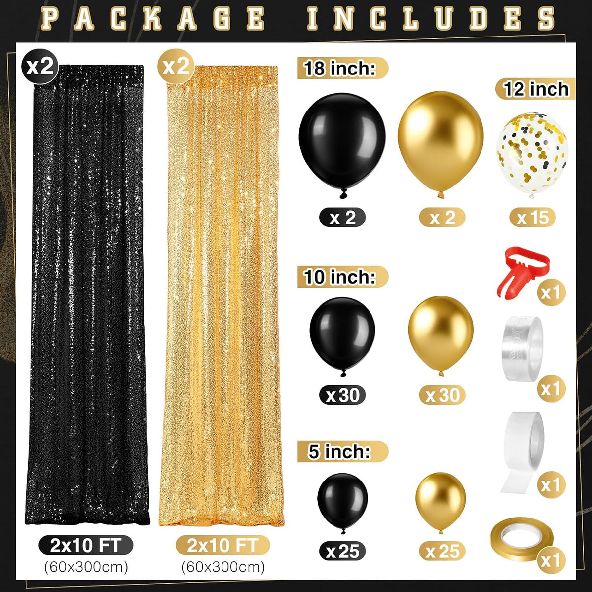 smoothnovelty 137pcs black gold sequin backdrop curtain balloon shown in use