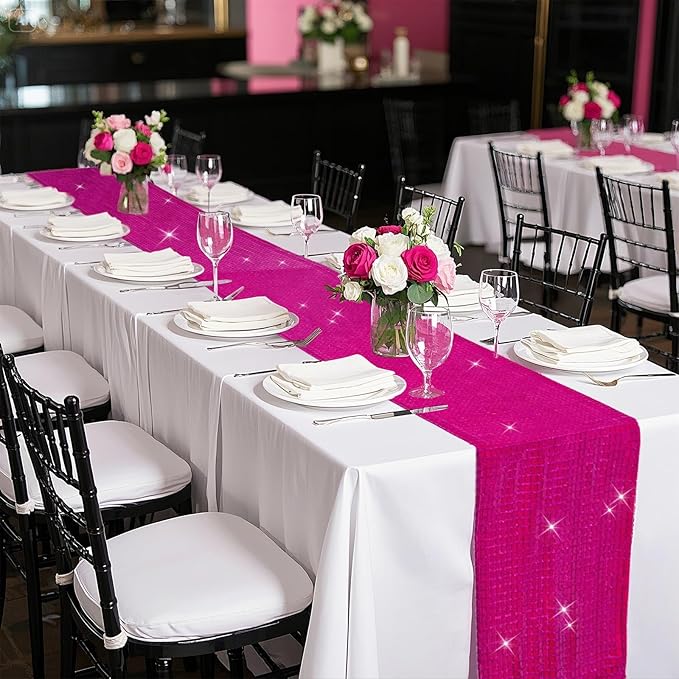 SquarePie Disco Table Runner Mirror Glitter Hot Pink Sequin Runner for 70s 80s Disco Dance Bachelorette Party Supplies Table Decorations (12x108 Inches ,2 Pack)