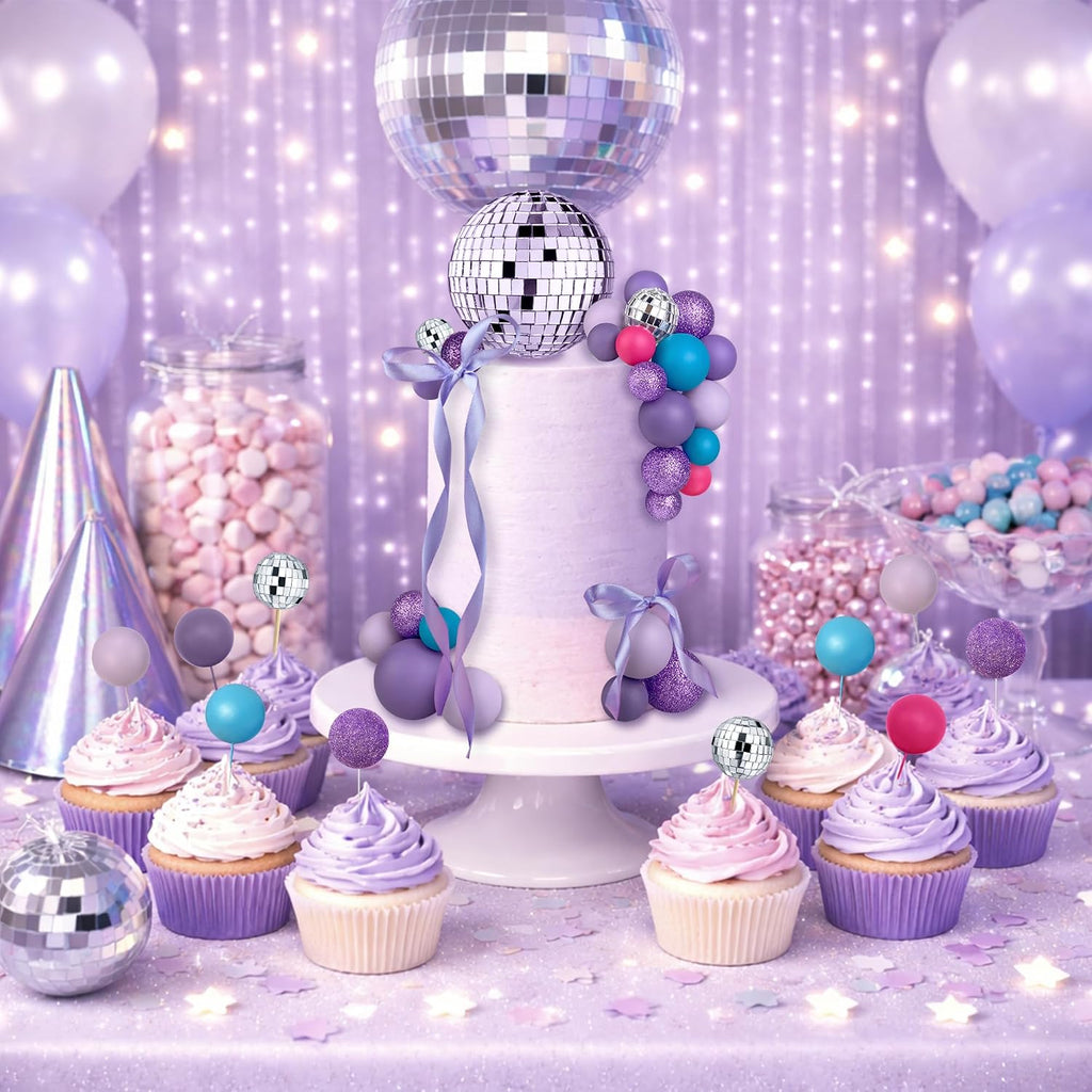 32 PCS Disco Purple Pink Blue Ball Cake Topper for Wedding Birthday Baby Shower Party Cake Decoration Supplies