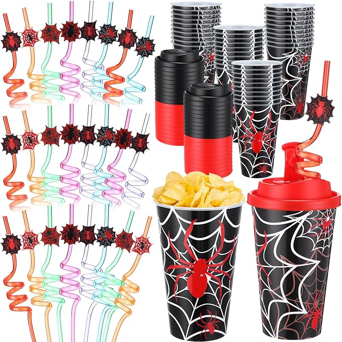 Yungyan 36 Sets Spider Party Favors Goodie Cups with Lids and Straws for Halloween Party Decorations Reusable 16oz Plastic Candy Cups Plastic Straws for Birthday Gift (Spider)
