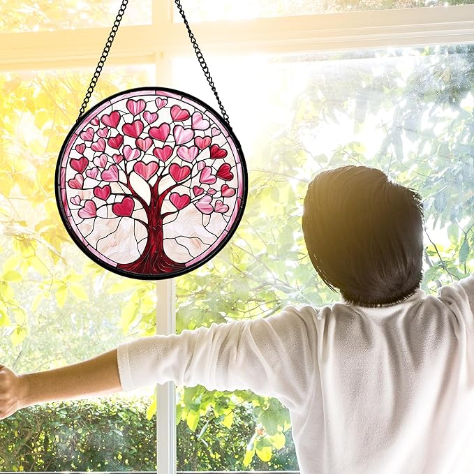 Stained Glass Window Hanging, Valentine's Day Gifts Pink Love Heart Tree Suncatcher Hangings Beige Sun Catchers Decor for Birthday for Women, Men, Wife, Aunt, Mom 6.3 in
