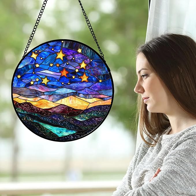 Stained Glass Window Hanging, Blue Sky Gold Stars Abstract Landscape Suncatcher for Doors Window Home Sun Catchers Decor Mother's Day Birthday Gifts for Women, Men Mom 11.8 in