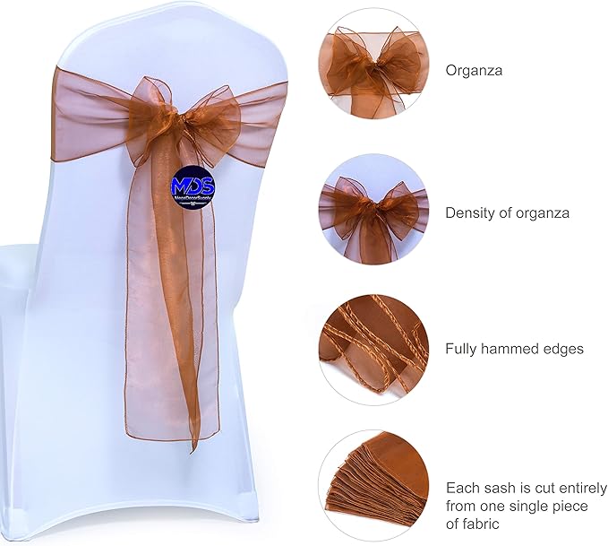 MDS Pack of 200 PCS Organza Chair Sashes Wider Dining Chair Bows Ribbon Tie Back for Wedding Party Birthday Bridal Shower Reception Event Banquet Home Chair Cover Decoration - Bronze