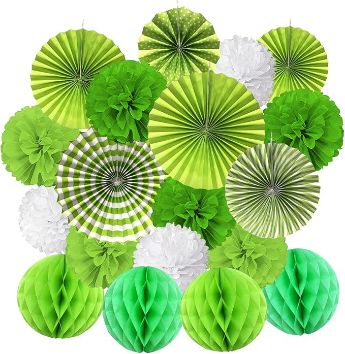 Hanging Paper Fan Set, Tissue Paper Pom Poms Flower Fan and Honeycomb Balls for Birthday Baby Shower Wedding Festival Decorations - Green