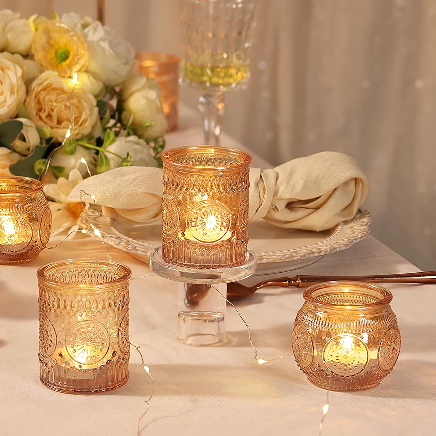 12pcs Assorted Gold Candle Holders, Votive Candle Holders, Glass Tea Lights Candle Holder for Christmas Decorations, Wedding Decorations, Vintage Boho Home Tea Party Decor,