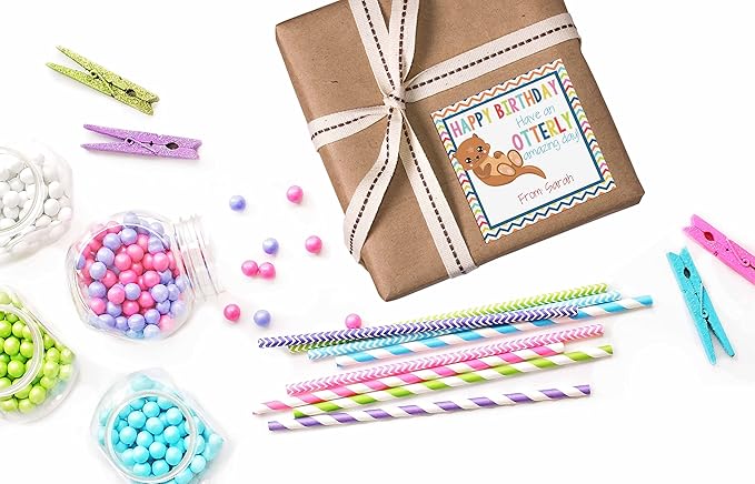 Custom & Personalized Adorable Otter Otterly Amazing Happy Birthday Gift Tag Sticker Labels, 24 2.5" Square Stickers by Amanda Creation