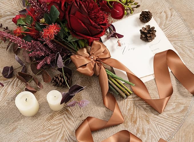 Brown Satin Ribbon 1-1/2 Inch 50 Yards Double-Faced Polyester Ribbons for Gift Wrapping Crafts Flower Bouquet Wedding Paper Christmas Holiday Decor