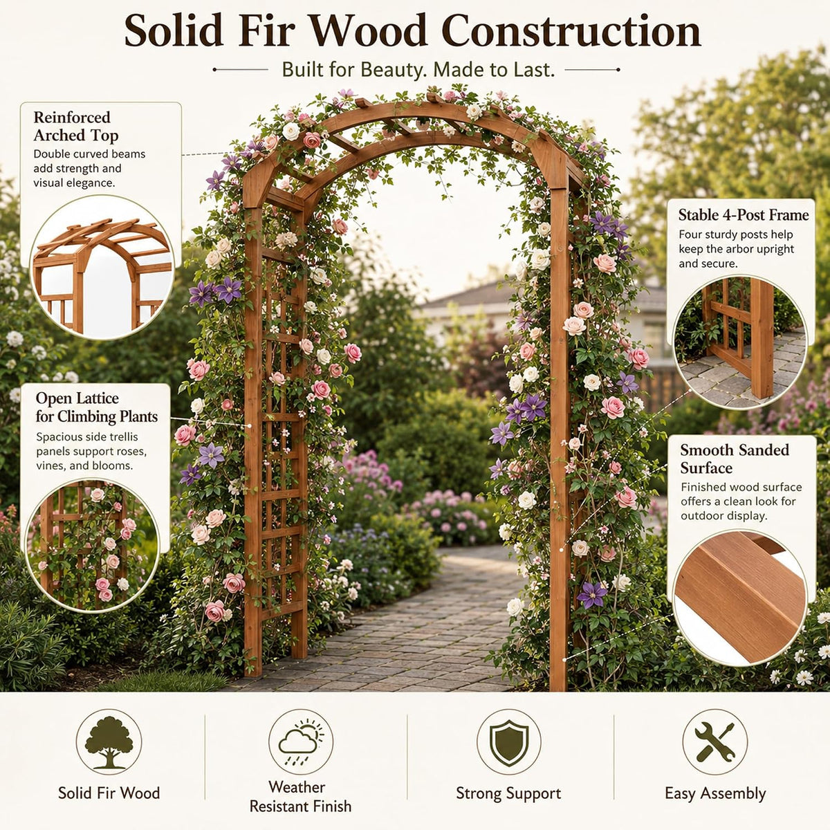 Solid Fir Wood Garden Arch Trellis for Climbing Plants Outdoor