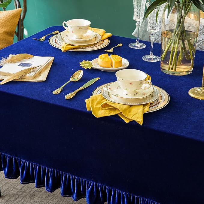 Velvet Tablecloth Luxurious Solid Rectangle Table Cloth,Oblong Retro Farmhouse Ruffle Tablecloths Washable Table Cover for Party Wedding Baby Shower Kitchen Dinning Tabletop Decoration