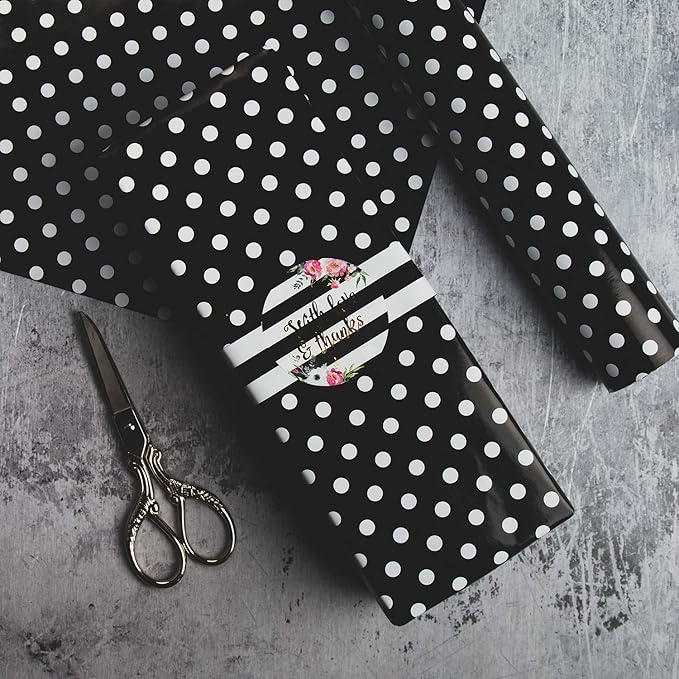 WRAPAHOLIC Reversible Wrapping Paper - Mini Roll - 17 Inch X 33 Feet - Black and Polka Dot Design for Birthday, Holiday, Wedding, Baby Shower