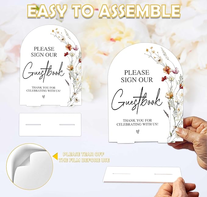 Boho Floral Please Sign Our Guestbook Sign, 6 x 8 Inch White Arch Acrylic Wedding Sign with Holder, Wedding Sign for Ceremony and Reception, Wedding Decoration, Wedding Supplies - BX02