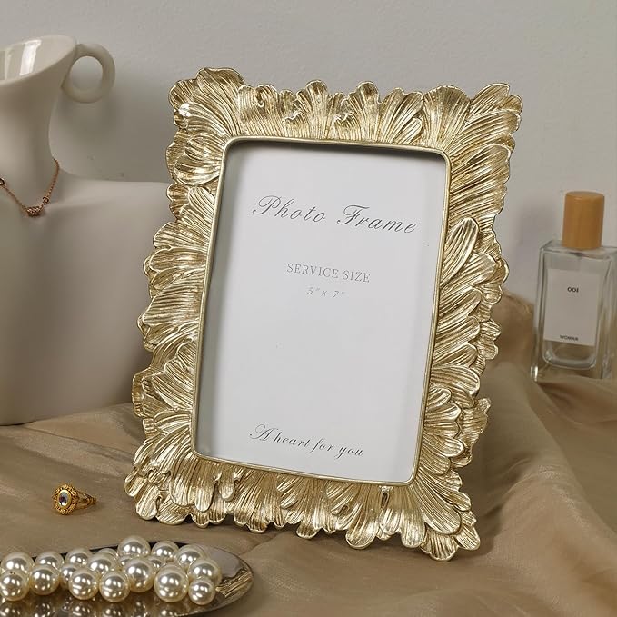 Cuspin Gold 5x7 Picture Frame, Vintage Gold Palm Leaves Textured Hand-Crafted Resin with Glass Front Elegant Retro Vintage Design Photo Frame for Wall and Tabletop Display Home Decor