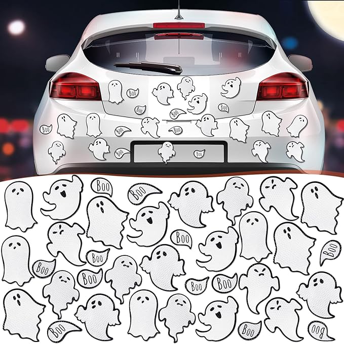 Chinco 36 Pcs Halloween Ghost Car Magnets Reflective Ghost Boo Refrigerator Automotive Magnet Stickers Cute Holiday Fridge Garage Door Decorations Holiday Waterproof Magnetic Decals