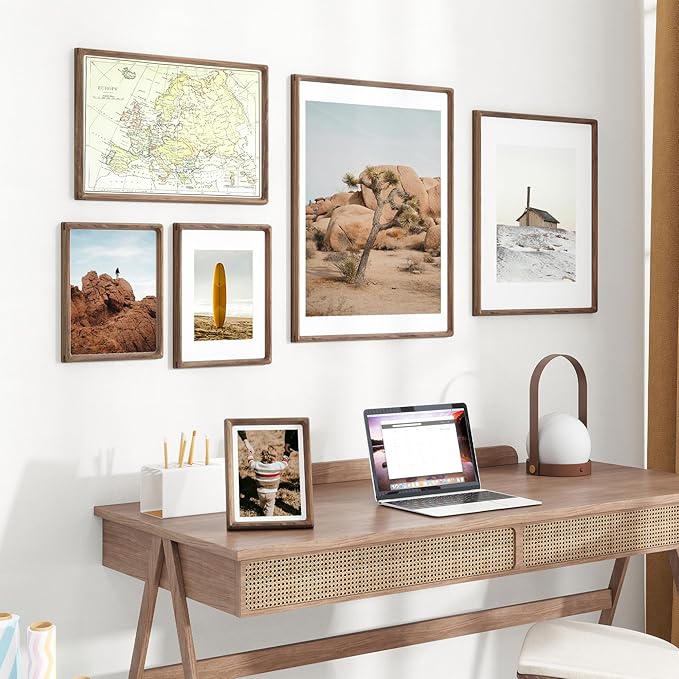 6x8 Frame USA-Sourced Natural Walnut Wood Solid Wood Photo Frame Handcrafted Rounded Corner with Mat to 5x7 Picture Frames Display with Real Glass Family Picture, Wedding Picture, Photo, Certificate