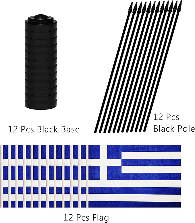 12 Pack Greece Desk Flags Set, Greek Small Mini Table Office Flags with 12" Solid Black Pole, 8.2 x 5.5 Inches, Home and Office Decoration, Festival Celebrations